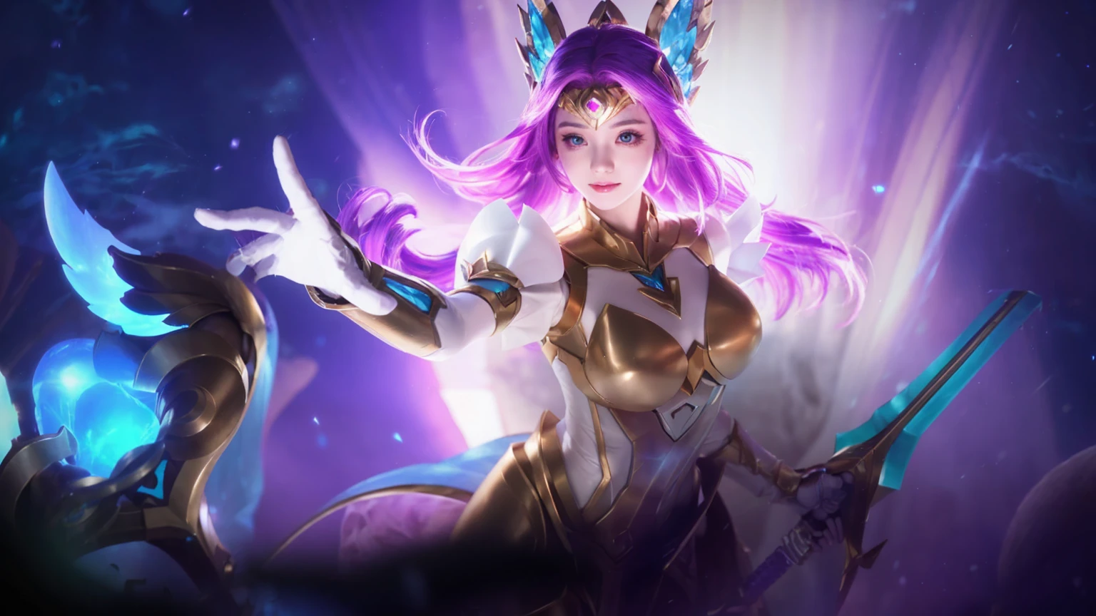 Generate to human, girl 19y.o, Generate to cosplayer odette on mobile legend, Virgo skin, purple hair, white dress, gold armor on body, generate to real picture, ultra detail, 8k resolution