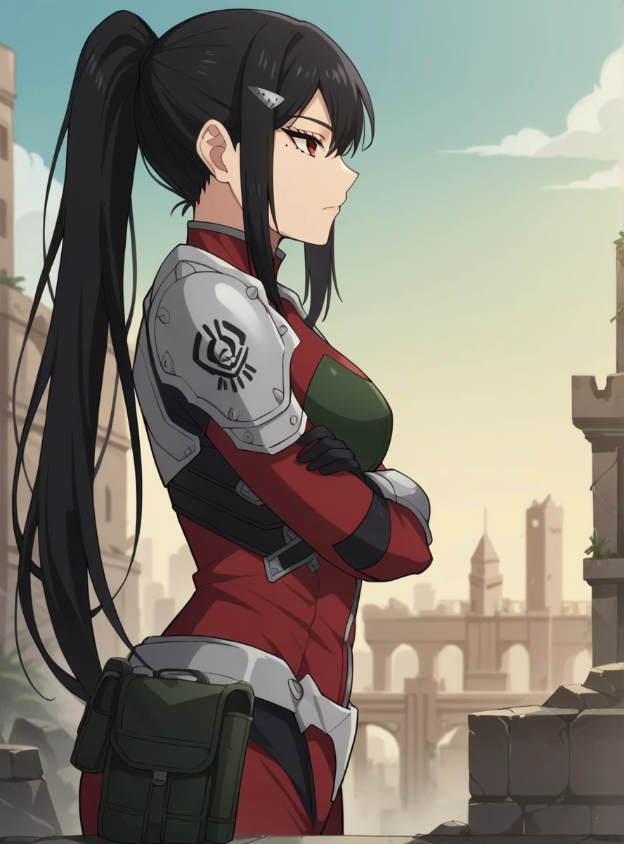 , score_9, score_8_superior, score_7_superior, score_6_superior, score_5_superior, score_4_superior, sauce_anime, masterpiece , anime screencap,  Absurd, tower, Black Hair, ponytail, Long Hair, hair ornaments, Mole under eye, Mole, Red eye bodysuit, armor, wide_hips superiorper body, Destroyed_City Ruins, View your viewers, Expressionless, Arms crossed, From the side,