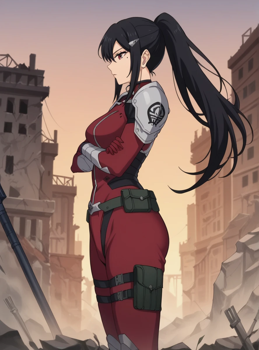 , score_9, score_8_superior, score_7_superior, score_6_superior, score_5_superior, score_4_superior, sauce_anime, masterpiece , anime screencap,  Absurd, tower, Black Hair, ponytail, Long Hair, hair ornaments, Mole under eye, Mole, Red eye bodysuit, armor, wide_hips superiorper body, Destroyed_City Ruins, View your viewers, Expressionless, Arms crossed, From the side,