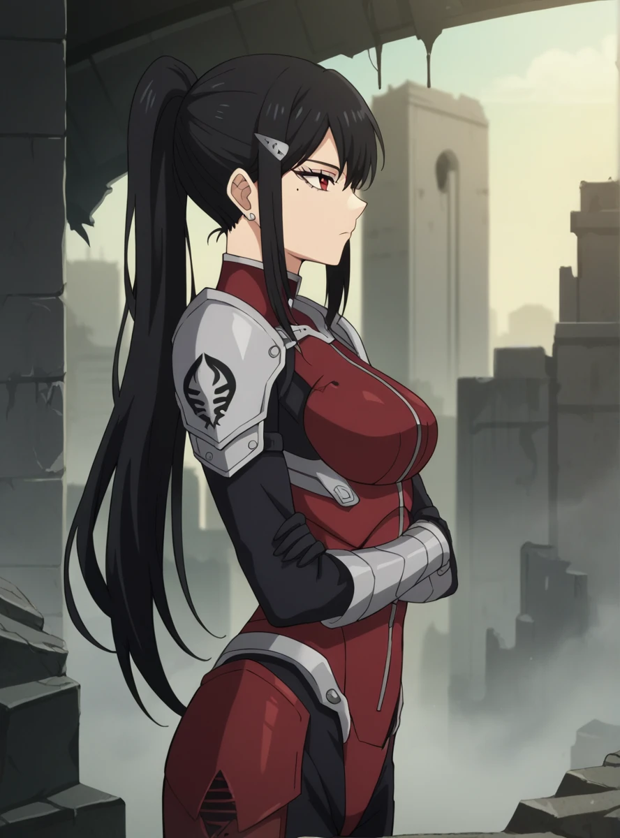 , score_9, score_8_superior, score_7_superior, score_6_superior, score_5_superior, score_4_superior, sauce_anime, masterpiece , anime screencap,  Absurd, tower, Black Hair, ponytail, Long Hair, hair ornaments, Mole under eye, Mole, Red eye bodysuit, armor, wide_hips superiorper body, Destroyed_City Ruins, View your viewers, Expressionless, Arms crossed, From the side,