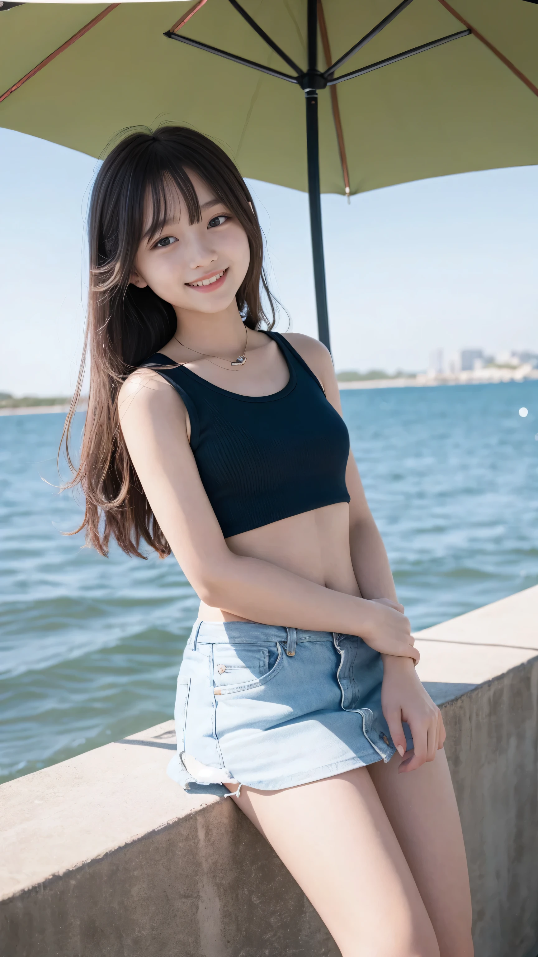 Highest quality, 8K, 、Fluffy long hair、Tank top、mini skirt、smile、sea,
