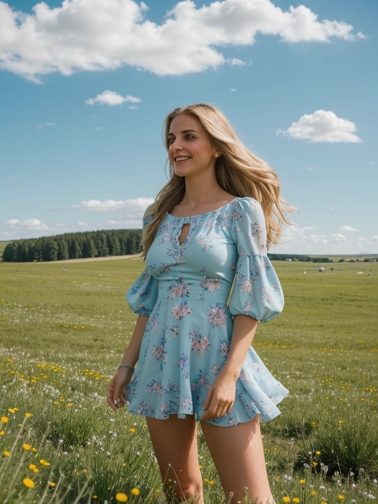 solo, photorealistic, wide shot, best quality, hyper detailed, 25 years old Circasssian woman, mature-looking face, boobies, high detailed deep wrinkles, beauty mark, intricate, (((long wavy blonde hair))), Circassian facial features, (((In the midst of a vast meadow, she stood seductively, her gaze fixed on the distant figure descending gracefully from the sky. The expanse around her was a sea of wildflowers, their vibrant colors swaying gently in the breeze. The sky above was a clear canvas of blue, interrupted only by wisps of fluffy clouds. As she watched, the skydiver descended with practiced ease, a tiny speck against the boundless heavens. The rush of wind carried the faint sound of their descent, punctuating the serene quiet of the meadow. Her heart swelled with admiration for the courage and freedom encapsulated in that solitary figure))), (((she is wearing a color pastel blue floral print asymmetrical trim puff sleeve mini dress))), (((dynamic pose))), she is looking at the camera smiling, (((dynamic pose)))