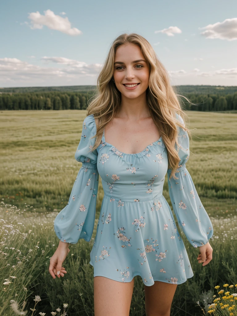 solo, photorealistic, wide shot, best quality, hyper detailed, 25 years old Circasssian woman, mature-looking face, boobies, high detailed deep wrinkles, beauty mark, intricate, (((long wavy blonde hair))), Circassian facial features, (((In the midst of a vast meadow, she stood seductively, her gaze fixed on the distant figure descending gracefully from the sky. The expanse around her was a sea of wildflowers, their vibrant colors swaying gently in the breeze. The sky above was a clear canvas of blue, interrupted only by wisps of fluffy clouds. As she watched, the skydiver descended with practiced ease, a tiny speck against the boundless heavens. The rush of wind carried the faint sound of their descent, punctuating the serene quiet of the meadow. Her heart swelled with admiration for the courage and freedom encapsulated in that solitary figure))), (((she is wearing a color pastel blue floral print asymmetrical trim puff sleeve mini dress))), (((dynamic pose))), she is looking at the camera smiling, (((dynamic pose)))
