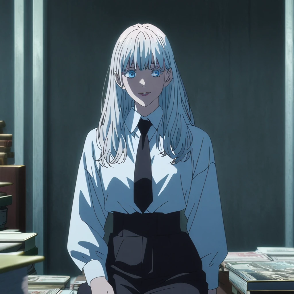 1girl, female gojo satoru, anime screencap from jujutsu kaisen, gojo satoru female version, solo,long_hair, blue eyes, ((white eyelashes)), (( white_hair)) breasts, upper_body, smile, indoors, book, bangs, blue_eyes, lips,  (wearing white shirt, black tie, black blazer and black pant), "very detailed and high resolution" (blue eyes) ((smooth texture hair)) ((solo)) ((high resolution)) ((cowboy shot)) (Good quality) ((front view)) ((sitting))