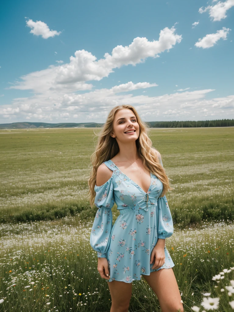 solo, photorealistic, wide shot, best quality, hyper detailed, 25 years old Circasssian woman, mature-looking face, boobies, high detailed deep wrinkles, beauty mark, intricate, (((long wavy blonde hair))), Circassian facial features, (((In the midst of a vast meadow, she stood seductively, her gaze fixed on the distant figure descending gracefully from the sky. The expanse around her was a sea of wildflowers, their vibrant colors swaying gently in the breeze. The sky above was a clear canvas of blue, interrupted only by wisps of fluffy clouds. As she watched, the skydiver descended with practiced ease, a tiny speck against the boundless heavens. The rush of wind carried the faint sound of their descent, punctuating the serene quiet of the meadow. Her heart swelled with admiration for the courage and freedom encapsulated in that solitary figure))), (((she is wearing a color pastel blue floral print asymmetrical trim puff sleeve mini dress))), (((dynamic pose))), she is looking at the camera smiling, (((dynamic pose)))