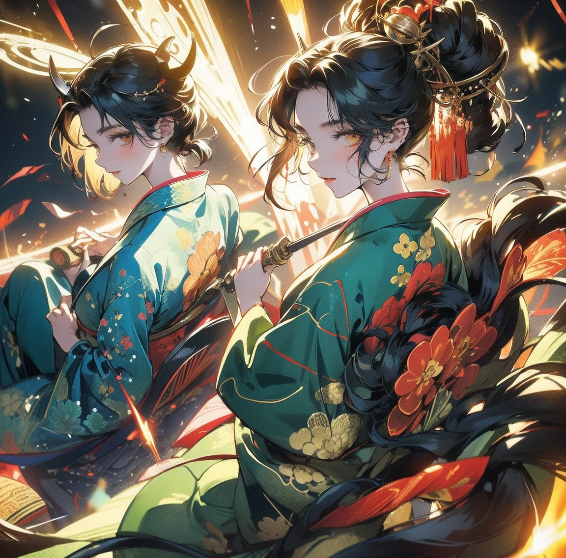 1 person、Green gorgeous kimono、,race,Black Hair、Short bun hair、hair ornaments、necklace、back、Golden devil horns、Anatomically correct,Fireworks in the night sky、