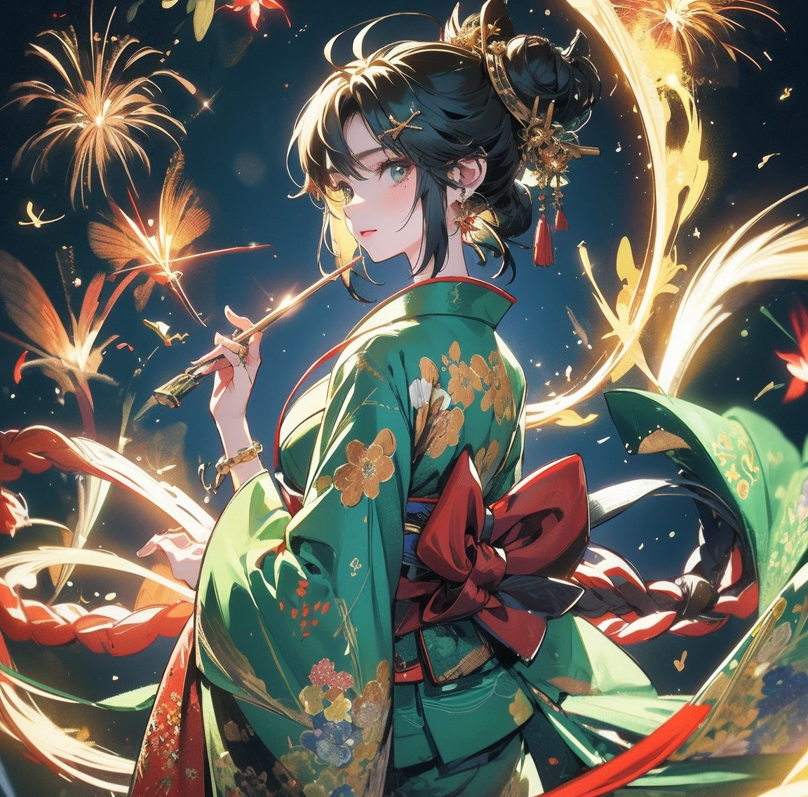 1 person、Green gorgeous kimono、,race,Black Hair、Short bun hair、hair ornaments、necklace、back、Golden devil horns、Anatomically correct,Fireworks in the night sky、