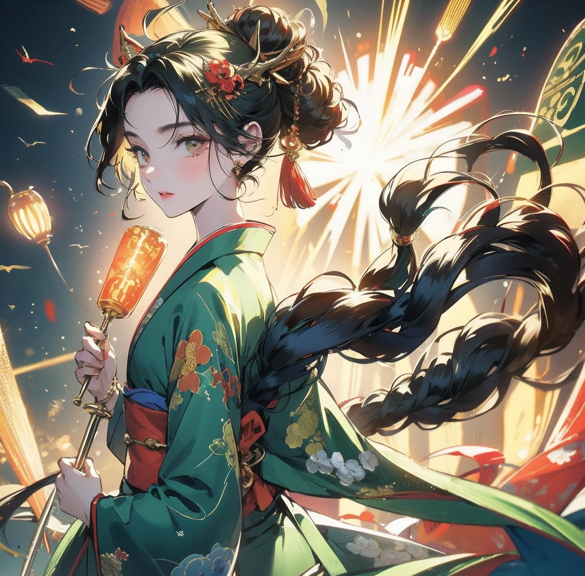 1 person、Green gorgeous kimono、,race,Black Hair、Short bun hair、hair ornaments、necklace、back、Golden devil horns、Anatomically correct,Fireworks in the night sky、
