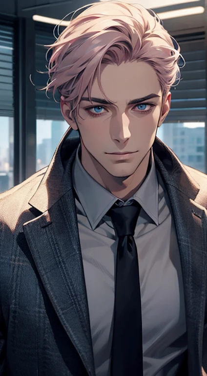 (best quality,4k,8k,highres,masterpiece:1.2),ultra-detailed,(realistic,photorealistic,photo-realistic:1.37),1 man,31 years old,mature man,very handsome,without expression,smile,short grey pink hair,blue eyes,penetrating gaze,perfect face without errors,imposing posture,businessman,office background,cinematic lighting,hdr image