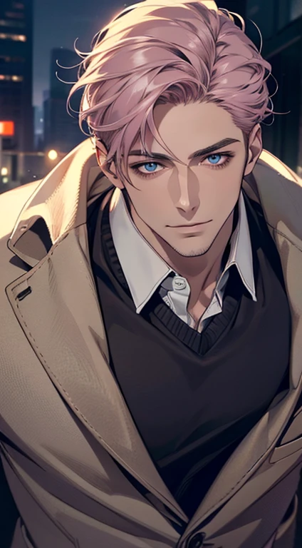 (best quality,4k,8k,highres,masterpiece:1.2),ultra-detailed,(realistic,photorealistic,photo-realistic:1.37),1 man,31 years old,mature man,very handsome,without expression,smile,short grey pink hair,blue eyes,penetrating gaze,perfect face without errors,imposing posture,businessman,office background,cinematic lighting,hdr image