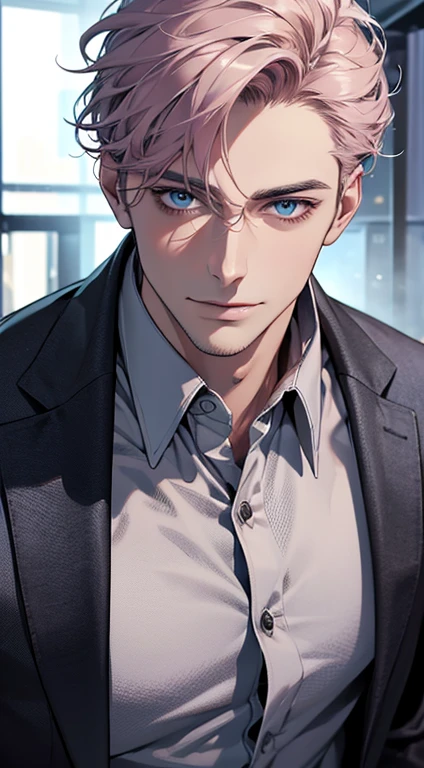 (best quality,4k,8k,highres,masterpiece:1.2),ultra-detailed,(realistic,photorealistic,photo-realistic:1.37),1 man,31 years old,mature man,very handsome,without expression,smile,short grey pink hair,blue eyes,penetrating gaze,perfect face without errors,imposing posture,businessman,office background,cinematic lighting,hdr image