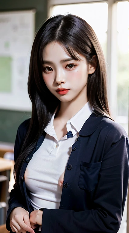 Highest quality、Ultra-high resolution、(Realistic)、18-year-old girl、((((school uniform open))))、((((I can see her nipples)))),Hyper Detail、Super Realistic、(Realistic)、More about beautiful skin、(masterpiece:1.0)、(Highest quality)、(Ultra-high resolution)、8K resolution、Canon EOS R5、135mm、Absurd、Very detailed、Sharp focus、Fine skin、(((Chirarizum、Small breasts)))