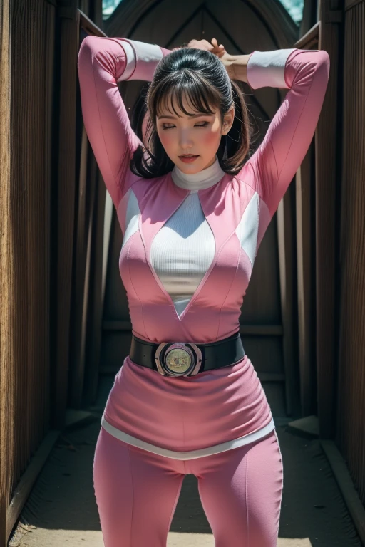 pink theme,pink ranger suit、curvy, big breats, full body, tied on Saint Andrew's cross in X position, screaming in pain, crying, eyes are closed tight