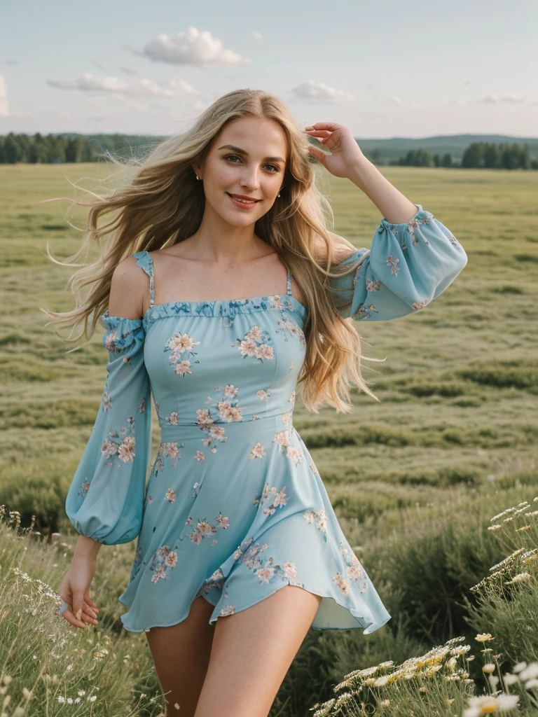 solo, photorealistic, wide shot, best quality, hyper detailed, 25 years old Circasssian woman, mature-looking face, boobies, high detailed deep wrinkles, beauty mark, intricate, (((long wavy blonde hair))), Circassian facial features, (((In the midst of a vast meadow, she stood seductively, her gaze fixed on the distant figure descending gracefully from the sky. The expanse around her was a sea of wildflowers, their vibrant colors swaying gently in the breeze. The sky above was a clear canvas of blue, interrupted only by wisps of fluffy clouds. As she watched, the skydiver descended with practiced ease, a tiny speck against the boundless heavens. The rush of wind carried the faint sound of their descent, punctuating the serene quiet of the meadow. Her heart swelled with admiration for the courage and freedom encapsulated in that solitary figure))), (((she is wearing a color pastel blue floral print asymmetrical trim puff sleeve mini dress))), (((dynamic pose))), she is looking at the camera smiling, (((dynamic pose)))