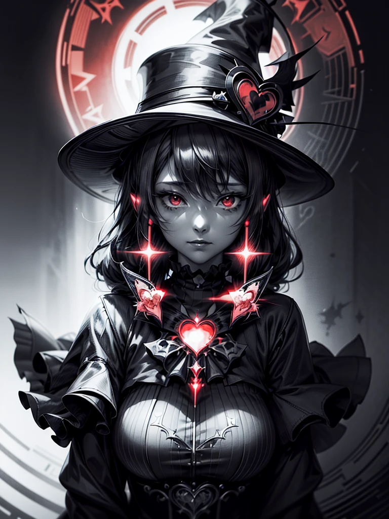 a close up of a person with a hat and a top hat, kawacy, anime cover, gothic harts, shadowverse style, from arknights, high detailed official artwork, black and white with red hearts, harley queen, nightcore, monochrome and red color bleed, light novel cover art, artbook artwork, artwork in the style of guweiz
