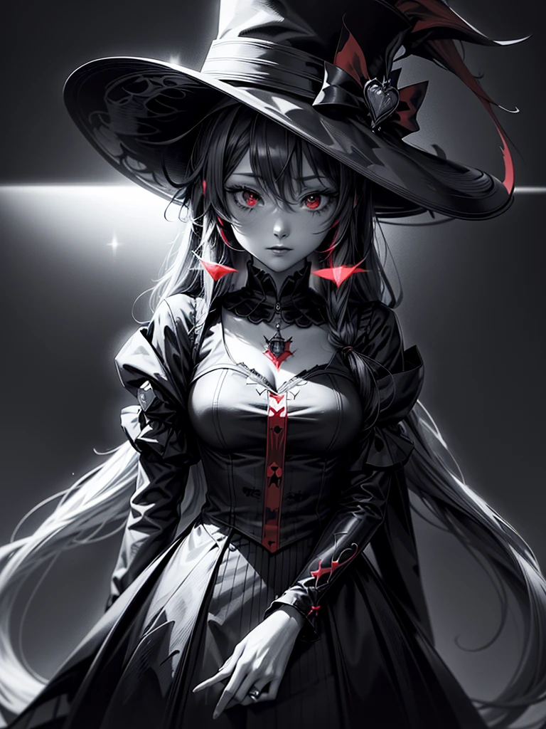 a close up of a person with a hat and a top hat, kawacy, anime cover, gothic harts, shadowverse style, from arknights, high detailed official artwork, black and white with red hearts, harley queen, nightcore, monochrome and red color bleed, light novel cover art, artbook artwork, artwork in the style of guweiz
