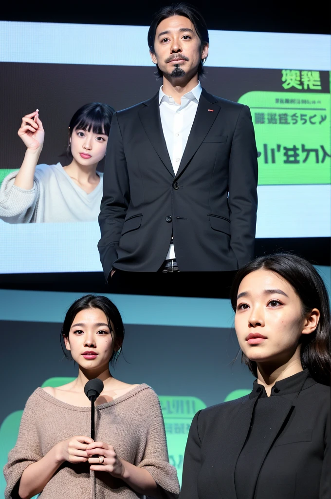 (masterpiece:1.2), (Highest quality:1.1), Ultra-high resolution, 8K, (Photo Real、male:1.2), (Depth of written boundary), Full-body images、Presenting in front of a large conference screen、A face with attention to detail, Body with attention to detail,30歳のさえない日本人maleサラリーマン、Lively face、Bright Face、The presentation was a great success、Narcissism、Brush your hair up、Condescending eyes、Black Hair