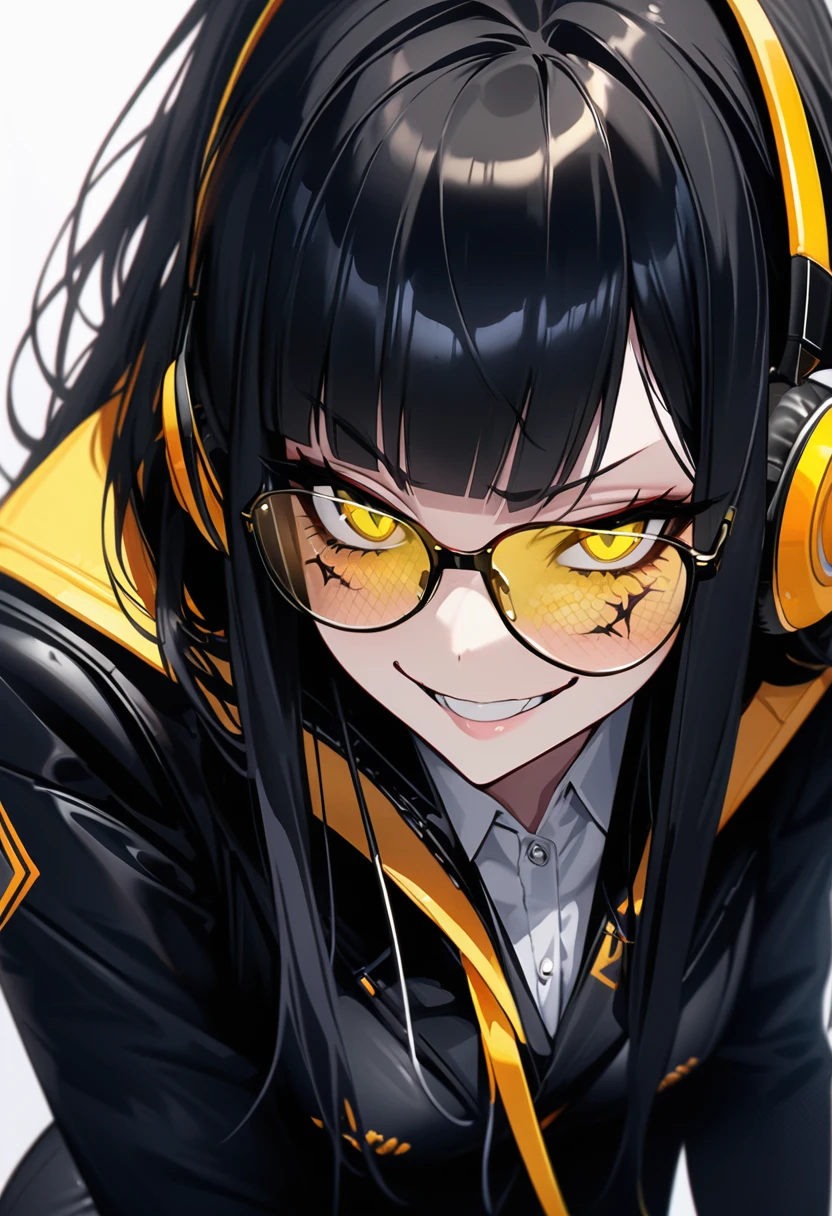 ((top-quality)), ((masterpiece)), ((ultra-detailliert)), (extremely delicate and beautiful), Digital art, 1girl, solo, (((yellow glasses:1.3))), (headphone:1.2), shiny hair, black short hair, blunt bangs, lustrous skin, Hair hanging over the ears, ((Black business suit、Black tailored jacket、white shirt、Black pantsuit、Black leather gloves)), (Vicious look、Vulgar smile)