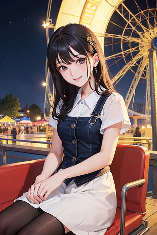 Highest quality、masterpiece、High sensitivity、High resolution、Detailed Description、One person、Slender women、Slim Body、Riding the Ferris wheel at an amusement park、Sit facing each other、In close proximity、smile、