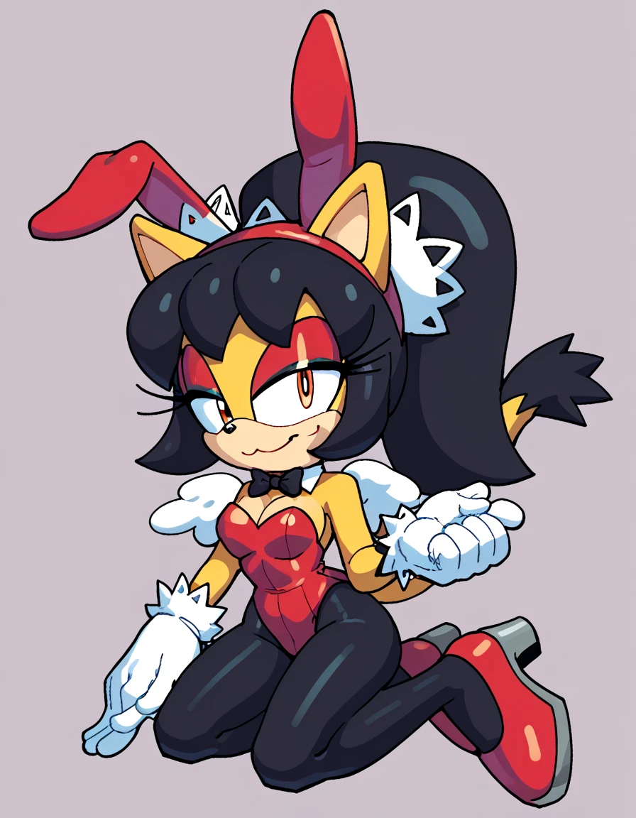 score_9, score_8_up, score_7_up, score_6_up, masterpiece, best quality, honey the cat, 1girl, solo, looking at viewer, smile, simple background, gloves, bare shoulders, closed mouth, full body, half-closed eyes, white gloves, high heels, leotard, bare legs, strapless, red makeup, highleg, playboy bunny, happy, red footwear, white bowtie, furry, highleg leotard, eyeshadow, strapless leotard, orange eyes, furry female, sonic the hedgehog \(series\), black pantyhose, kneeling