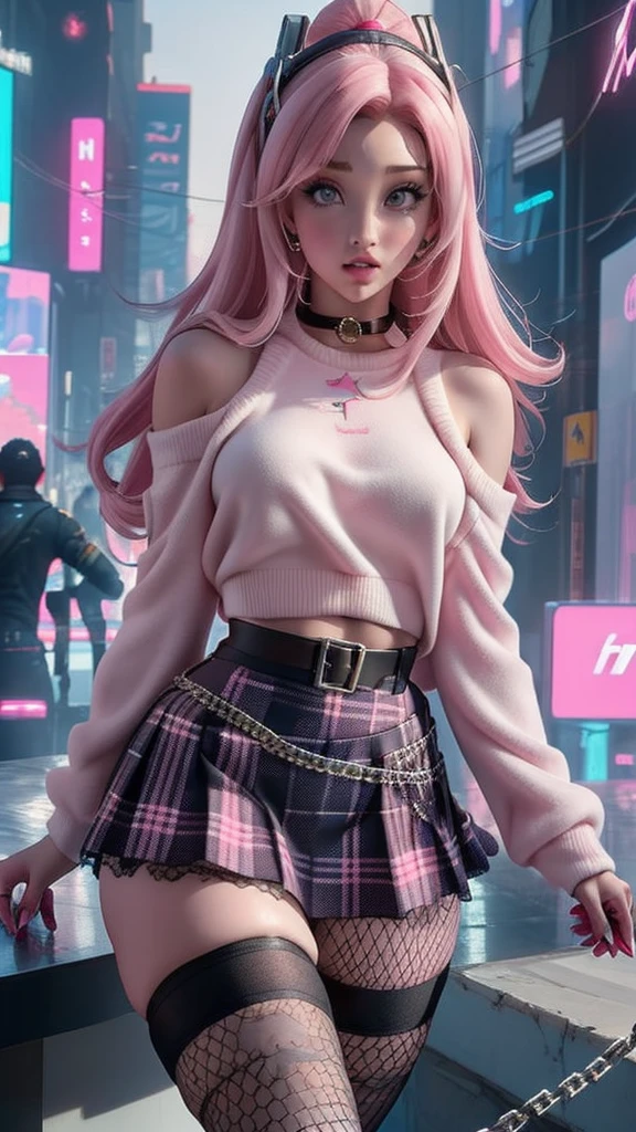 (The best quality,A high resolution,Ultra - detailed,actual),Ariana Grande fre3ckles, redhead, grey eyes, parts, 1 girl,  pl34tp1nk, plaid skirt, fishnet stockings, chains, bare shoulders, Pink sweater, black sleeveless top,,( cyberpunk 2.1)