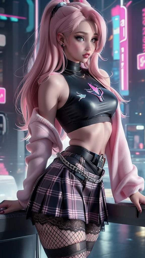 (The best quality,A high resolution,Ultra - detailed,actual),Ariana Grande fre3ckles, redhead, grey eyes, parts, 1 girl,  pl34tp1nk, plaid skirt, fishnet stockings, chains, bare shoulders, Pink sweater, black sleeveless top,,( cyberpunk 2.1)