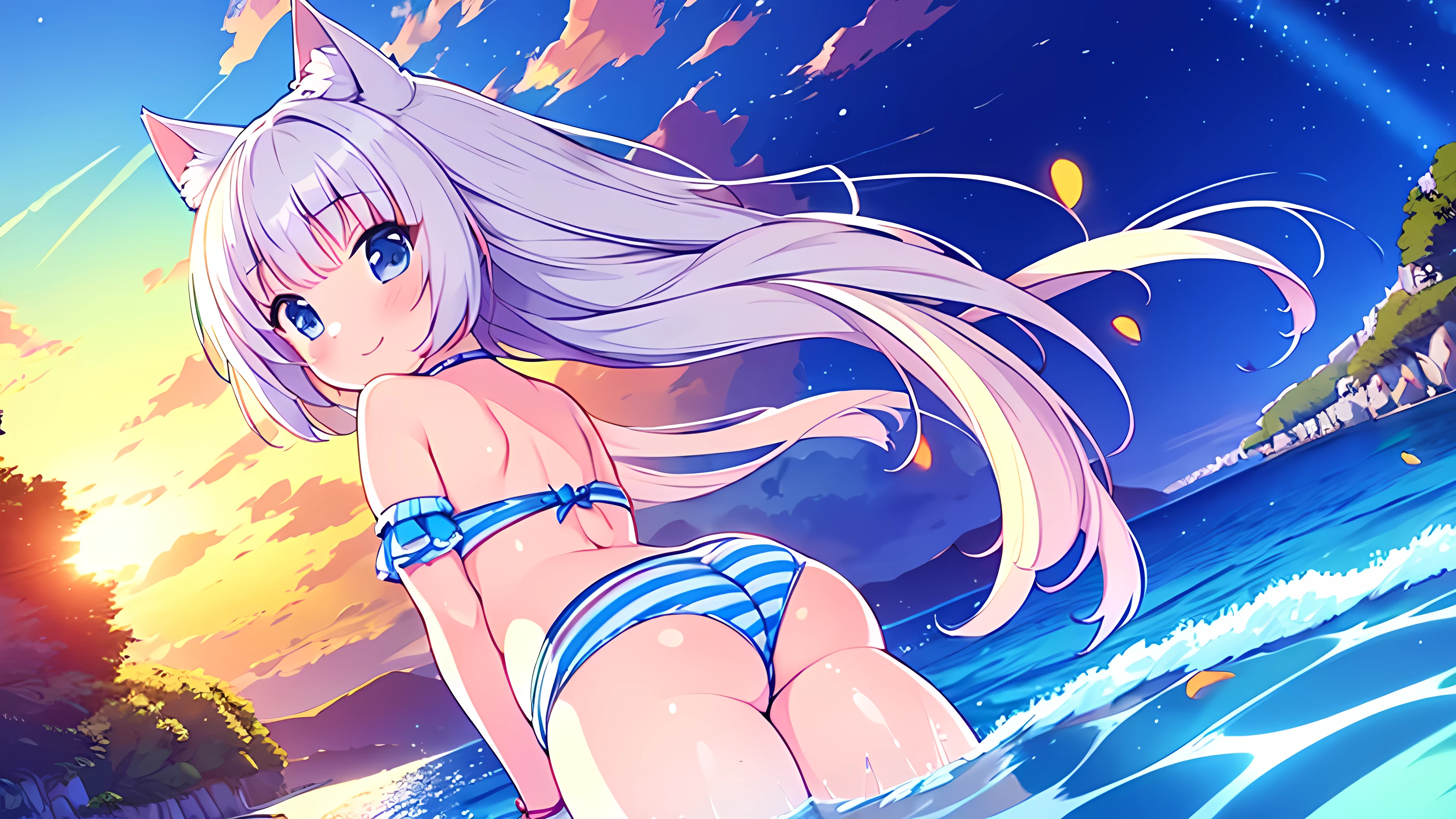 (Masterpiece), (High quality anime illustration), (Super definition), A girl, Alone, Beautiful silver hair girl, anime change, cat ear , , emphasis on the thigh, Striped bikini, SMILE, buttocks, buttocks Up, Back, South Island Sea, water, Tarot Card Wind