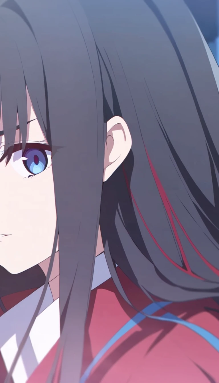 girl, anime, long hair with red and blue lines, pretty eyes, black hair