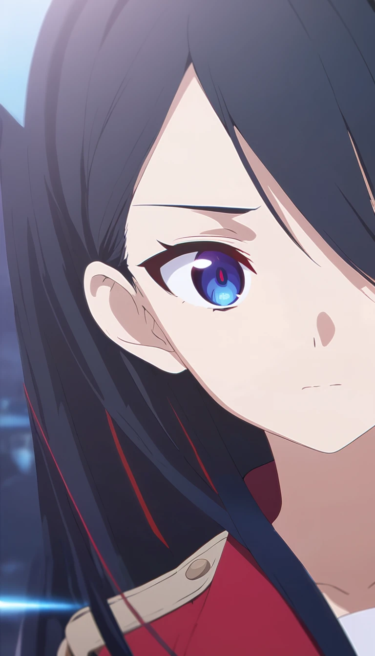 girl, anime, long hair with red and blue lines, pretty eyes, black hair