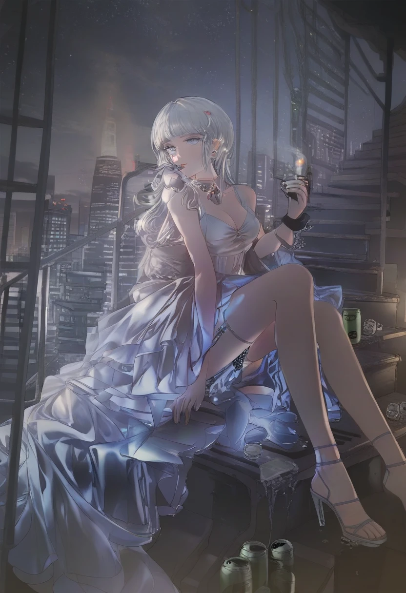 detailed, aesthetic, beautiful, beautiful color, amazing quality, best quality, city lights, neo lights, night, 1girl, white hair, blue eyes, translucent dress, solo, long hair, stairway, sitting, smoking, cig in hand, beer can,