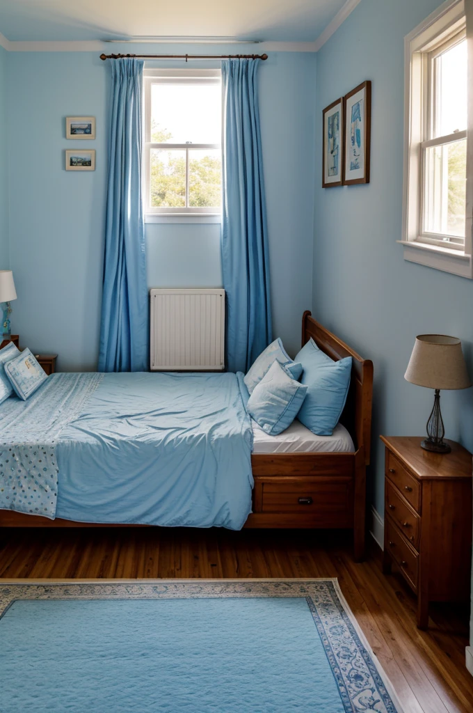 a second floor room of a light blue walled farm house with a large window, the bed is also light blue, It has toys and furniture around it for a 14-year-old boy., and a picture frame on his nightstand, the sky is clear and the sun is shining in the background.