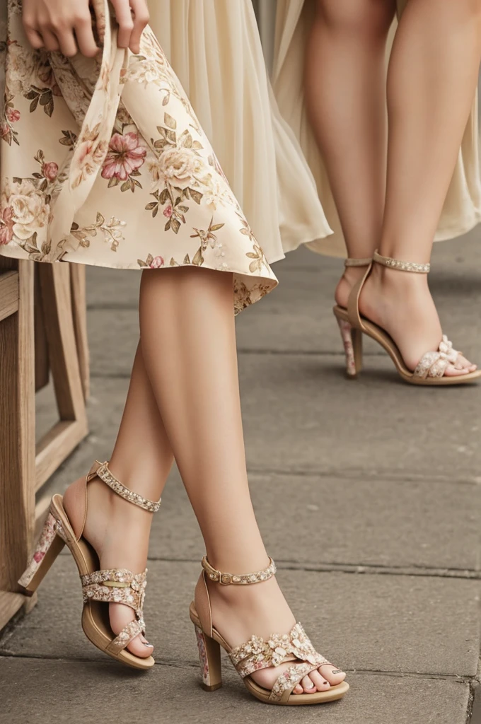 create a realistic beautiful woman with short hair looking real  wearing a beautiful dress with floral design in it.She is wearing a high heels sandals  .  looking straight..The background is plain beige color.. 
extra realistic 