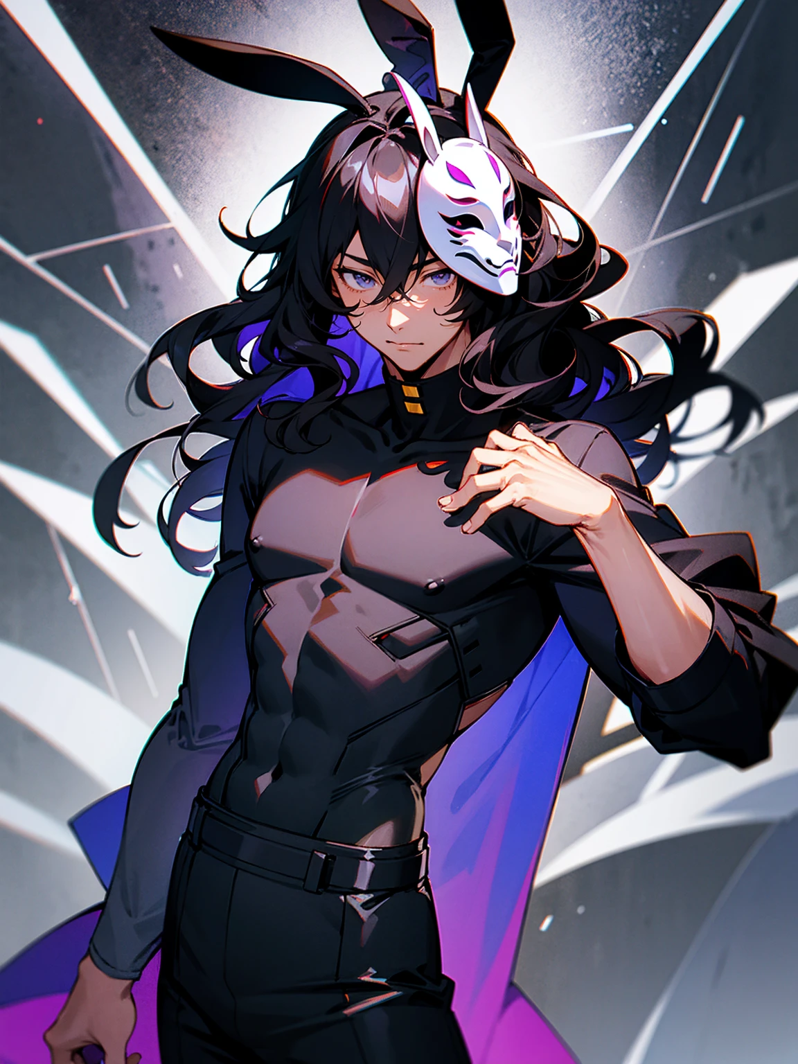 1male, young, dark skin, black hair, wavy middle parted hair, rabbit ears, grey eyes, lean build, black yukata, tied to waist, mask