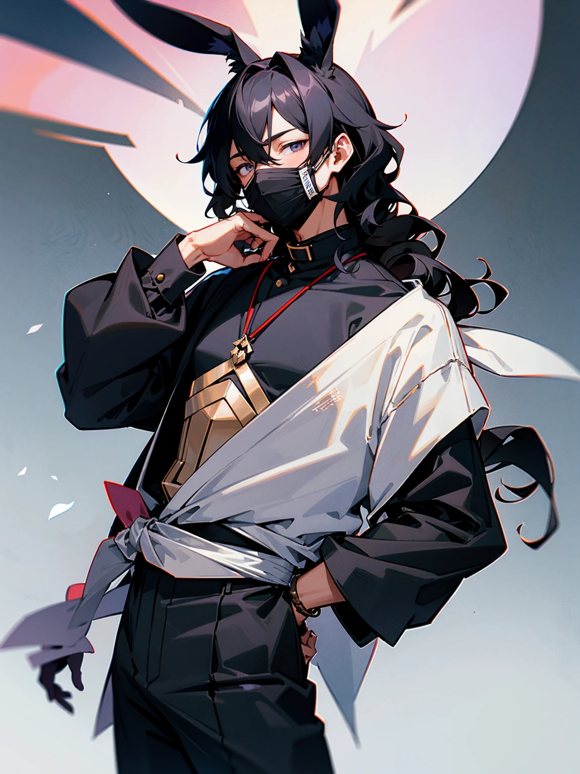 1male, young, dark skin, black hair, wavy middle parted hair, rabbit ears, grey eyes, lean build, black yukata, tied to waist, mask