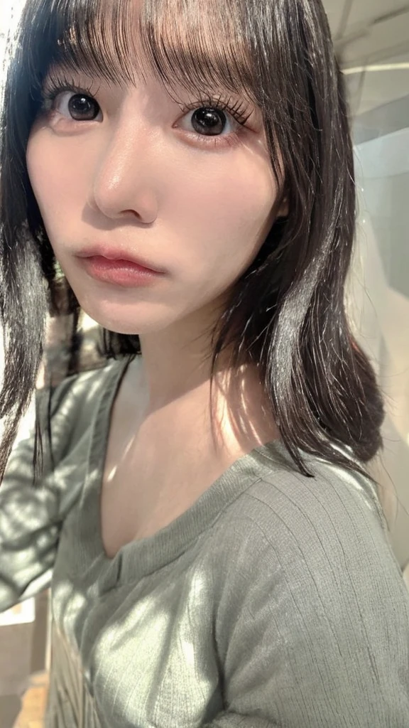 (((Ultra-high resolution、close、Cute Japanese Woman)))、length, Straight black hair frames her face、So that every single hair is clearly visible、Depicts subtle color changes depending on the amount of light hitting the subject、The skin is white and smooth、Has a natural glow、Fine skin、毛穴のExpressing every detail、amountや頬に薄い赤みがある部分を詳細に、The eyes are almond-shaped、It is dark brown.、Iris detail、Expressing color gradations and patterns、length, Natural Eyelashes, Each is visible、well-groomed eyebrows、personal々The hair is clearly visible、Light reflects off the eyes、Create small highlights、noseは繊細で、nose孔の細かいディテールがある、Lips are plump and naturally pink、Draws fine lines and soft curves of the lips、Shiny、Accentuate the shape、Detailed depiction of lip texture、Special attention is paid to the depiction of light and shadow.、Soft natural light gently illuminates your face from the front、amount、nose、Gives cheeks a subtle glow、The shadows are softly cast along the contours of the face.、cheekbone、Jaw Curve、noseの側面を強調、The gloss on her lips reflects the light faintly..、Emphasizes plump texture、The shadows in the hair add depth and dimension.、personal々Hair sparkles in the light、The background is simple and blurry.、Focus on the face、With the highest quality、Expressing every detail