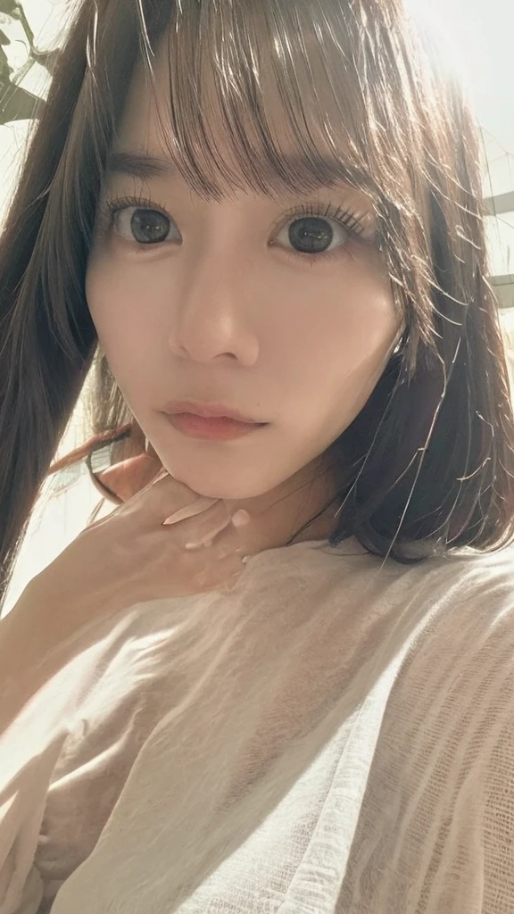 (((Ultra-high resolution、close、Cute Japanese Woman)))、length, Straight black hair frames her face、So that every single hair is clearly visible、Depicts subtle color changes depending on the amount of light hitting the subject、The skin is white and smooth、Has a natural glow、Fine skin、毛穴のExpressing every detail、amountや頬に薄い赤みがある部分を詳細に、The eyes are almond-shaped、It is dark brown.、Iris detail、Expressing color gradations and patterns、length, Natural Eyelashes, Each is visible、well-groomed eyebrows、personal々The hair is clearly visible、Light reflects off the eyes、Create small highlights、noseは繊細で、nose孔の細かいディテールがある、Lips are plump and naturally pink、Draws fine lines and soft curves of the lips、Shiny、Accentuate the shape、Detailed depiction of lip texture、Special attention is paid to the depiction of light and shadow.、Soft natural light gently illuminates your face from the front、amount、nose、Gives cheeks a subtle glow、The shadows are softly cast along the contours of the face.、cheekbone、Jaw Curve、noseの側面を強調、The gloss on her lips reflects the light faintly..、Emphasizes plump texture、The shadows in the hair add depth and dimension.、personal々Hair sparkles in the light、The background is simple and blurry.、Focus on the face、With the highest quality、Expressing every detail