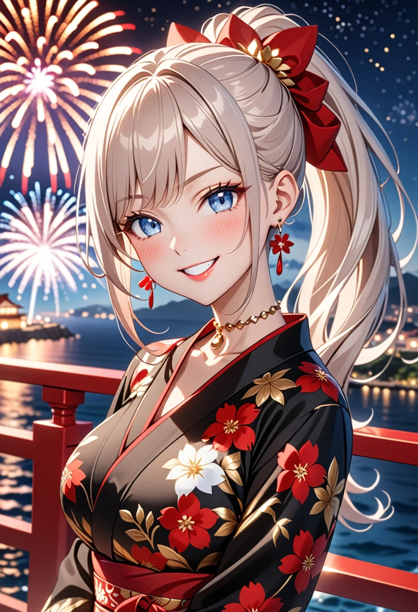 ((One personの女性)), Beautiful Face, (Laughing embarrassedly), (smirk:1.4), ((Wink:1.5)), (head tilt:1.3), Laugh with your mouth wide open, upper teeth, looking at viewer, (Doing sexy poses), ((Bright red cheeks:1.4)), Glossy Red Lips, night,Terrace with sea view, firework, Glossy pink lips, Shining Face, ((Anime style background)),masterpiece, Highest quality, so beautiful,up to date, Complex details, (long nails of red color), (nail art), (ring),(bracelet),(Floral choker), (helix piercing), AI-generated, Complex,High resolution, Highest quality, super high quality,3D Images、3D Images,One person,Long white hair,High Ponytail, Anime woman posing for a photo, (Light blue eyes:1.2), ((Fine grain、Bluish, lightly pigmented eyes、Shining Eyes:1.3)), (Squint your eyes:1.1),a hyperRealistic , hyperRealistic , Realistic,Anime woman with long white hair, Smooth anime CG art, (A woman in a colorful kimono with gold embroidery), ((Black long sleeve kimono:1.3)), Red floral pattern,Long flower hair ornament,Earrings,Mature Body,(Big Breasts:1.4),Tall,Abdominal muscles,Tight waist, ((face focus:1.5)), (dutch angle:1.3),