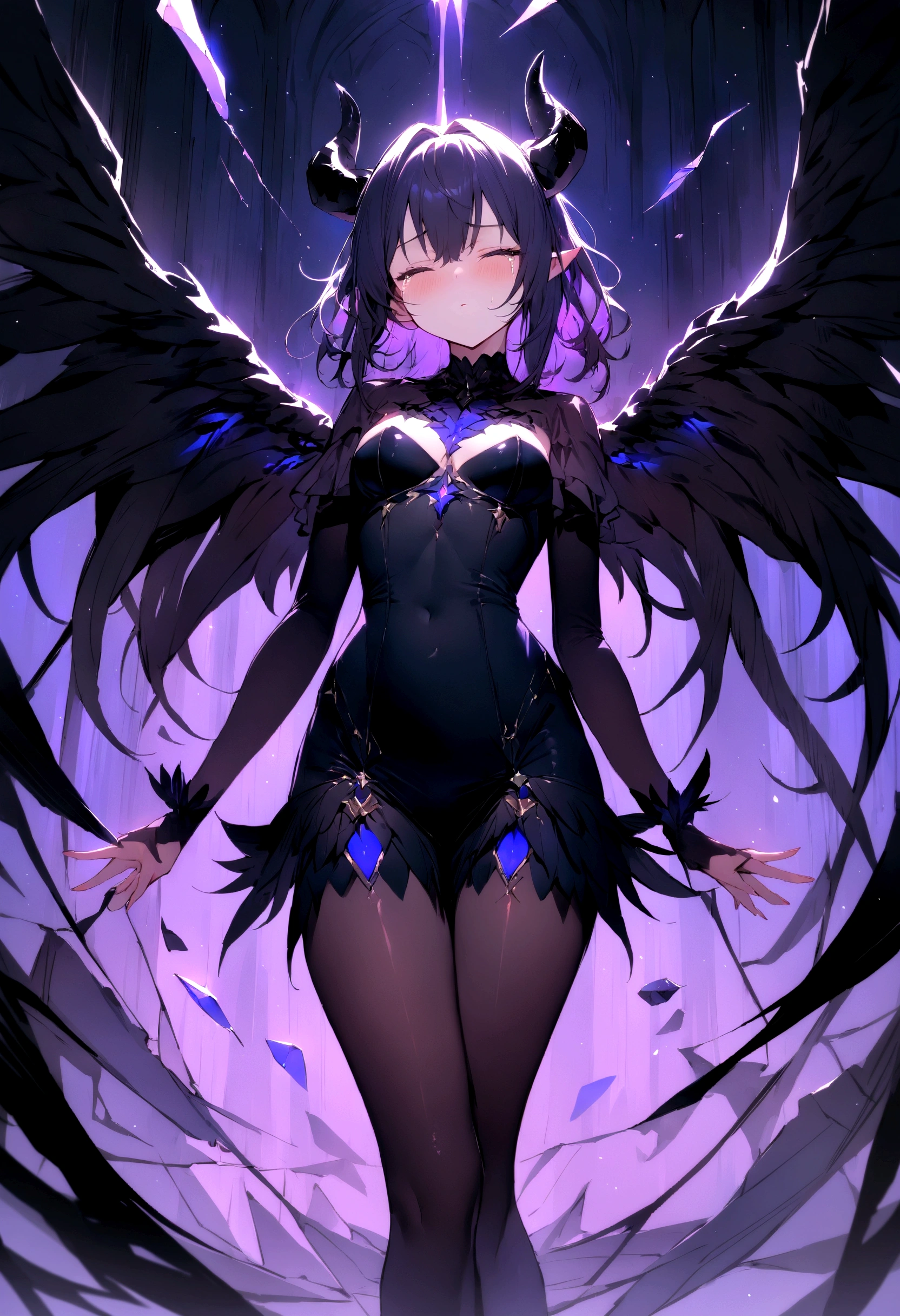 (masterpiece:1.1), (best quality:1.1), (Vibrant colors:1.1), (Solitary:1.2), (1 Girl:1.0), (weightlessness,Inverted posture),Close your eyes,Tears,((Broken lens)), (stocking:1.0), ((Black feather wings)), (Devil's Horns:1.0),night
