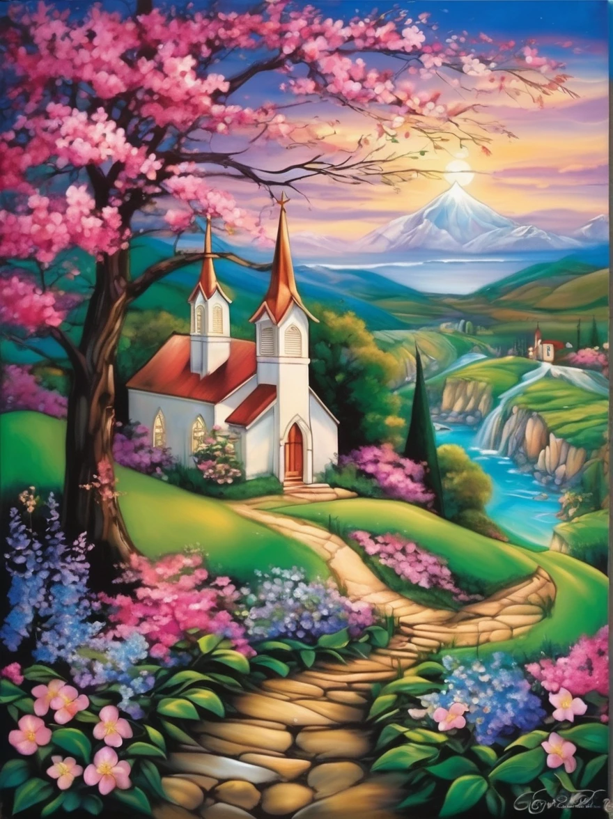 in style of Jasmine Becket-Griffith, stunning natural landscape, church