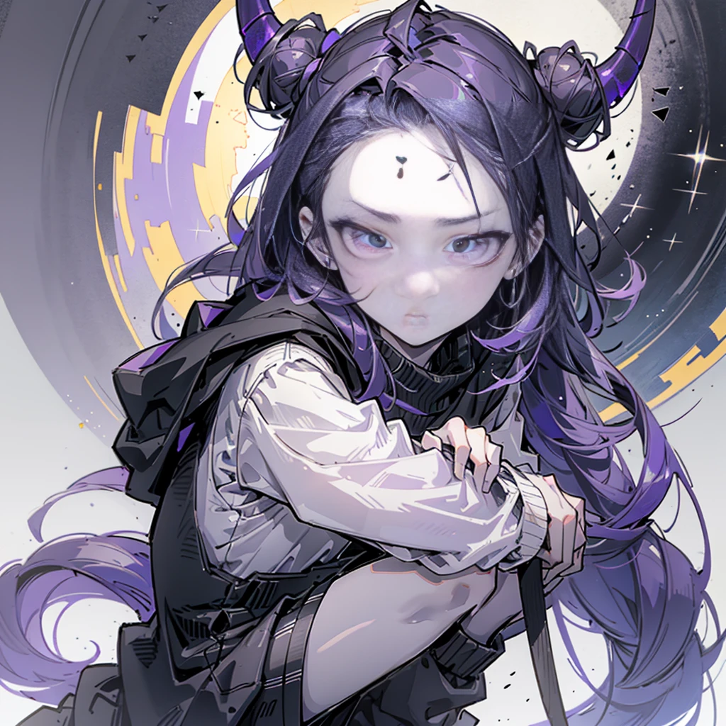 boy. thoughtful look. open forehead. black and purple hair tied in a bun on the left side to one side. sinuous black horns wrapped in dark purple ribbon. pale violet eyes. in short dark purple shorts. long white T-shirt. dark purple knee-high socks. dark purple long cloak with hood. view from the 100th floor of a cozy room in shades of gray, moon, starry sky