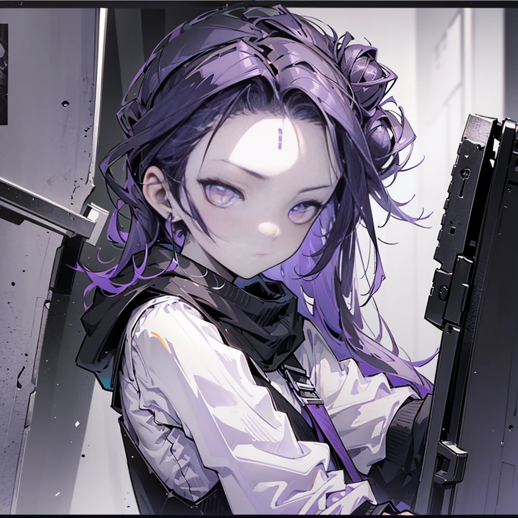 boy. thoughtful look. open forehead. black and purple hair tied in a bun on the left side to one side. sinuous black horns wrapped in dark purple ribbon. pale violet eyes. in short dark purple shorts. long white T-shirt. dark purple knee-high socks. dark purple long cloak with hood. view from the 100th floor of a cozy room in shades of gray, moon, starry sky