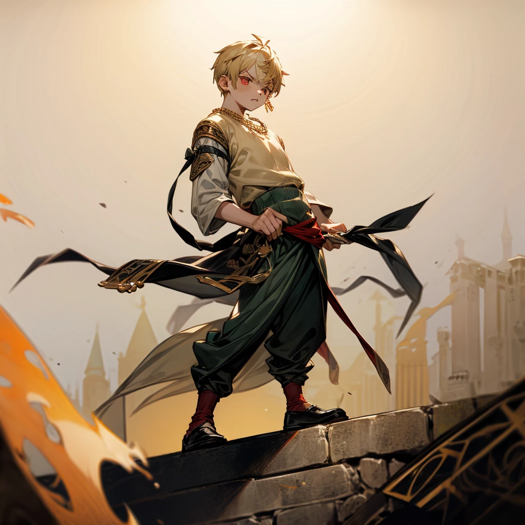 1little boy, Full body version, 1character, gray eyes color, angry eyes, eyeliner, reddish white skin, classic taper haircut, downturned eyes type, blonde colour hair, Ancient greek nobility clothing style, darkgreen color clothing, necklaces, bandage on hand, Grassroots background in castle, motion blur