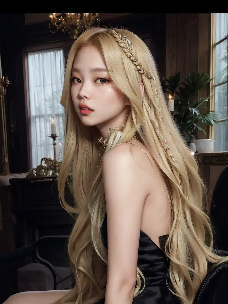 araffed woman with long blonde hair sitting on a chair, long glowing ethereal hair, with long blond hair, roseanne park of blackpink, extremely long thick blond hair, with long hair, glorious long blond hair, lalisa manobal, ornate long flowing blonde hair, long luxurious light blond hair, blonde long hair, with very long blonde hair, long wavy blond hair