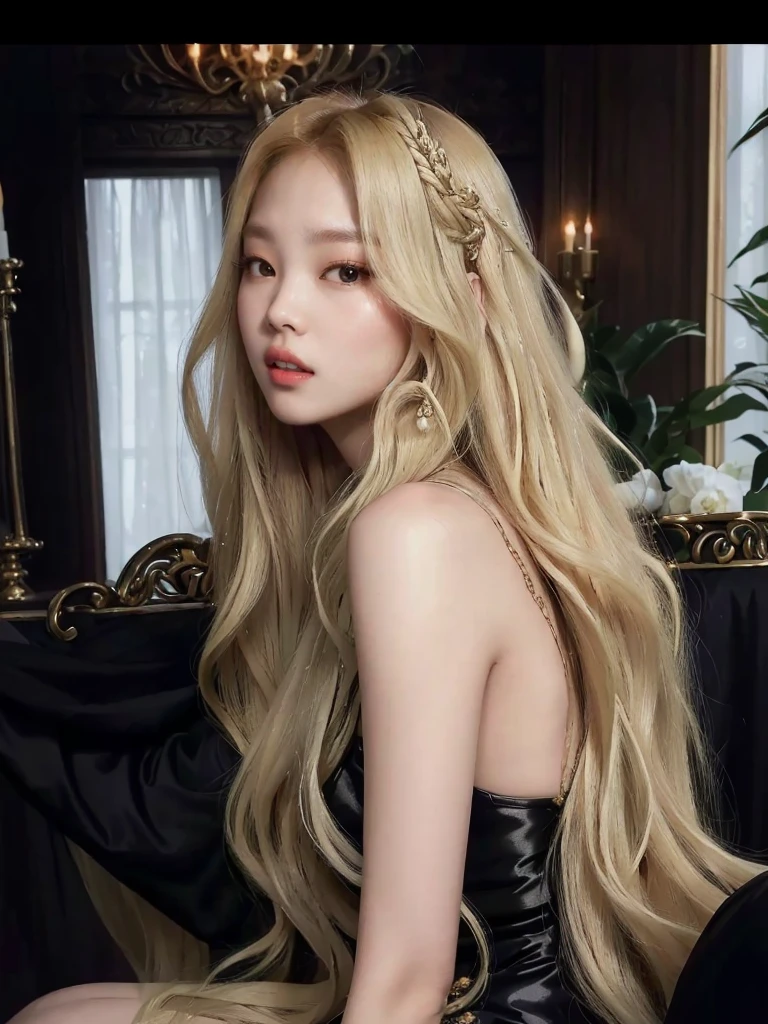 araffed woman with long blonde hair sitting on a chair, long glowing ethereal hair, with long blond hair, roseanne park of blackpink, extremely long thick blond hair, with long hair, glorious long blond hair, lalisa manobal, ornate long flowing blonde hair, long luxurious light blond hair, blonde long hair, with very long blonde hair, long wavy blond hair