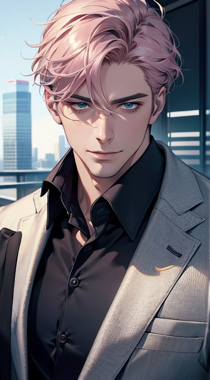 (best quality,4k,8k,highres,masterpiece:1.2),ultra-detailed,(realistic,photorealistic,photo-realistic:1.37),1 man,31 years old,mature man,very handsome,without expression,smile,short grey pink hair,blue eyes,penetrating gaze,perfect face without errors,imposing posture,businessman,office background,cinematic lighting,hdr image