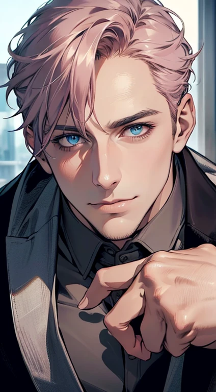 (best quality,4k,8k,highres,masterpiece:1.2),ultra-detailed,(realistic,photorealistic,photo-realistic:1.37),1 man,31 years old,mature man,very handsome,without expression,smile,short grey pink hair,blue eyes,penetrating gaze,perfect face without errors,imposing posture,businessman,office background,cinematic lighting,hdr image