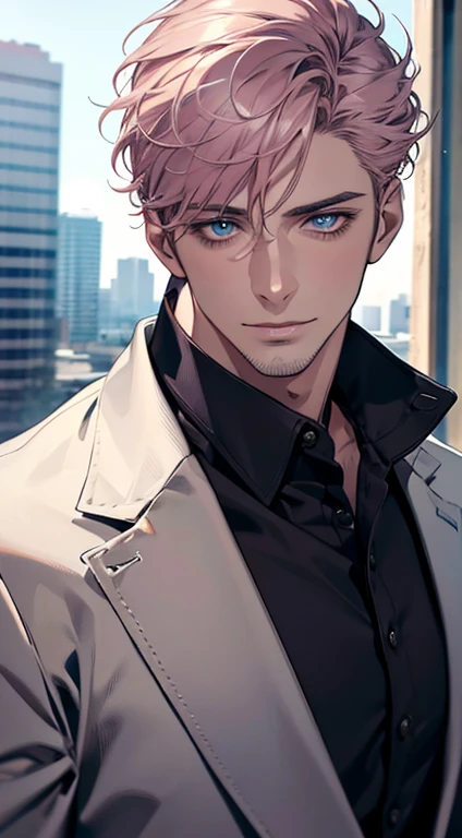 (best quality,4k,8k,highres,masterpiece:1.2),ultra-detailed,(realistic,photorealistic,photo-realistic:1.37),1 man,31 years old,mature man,very handsome,without expression,smile,short grey pink hair,blue eyes,penetrating gaze,perfect face without errors,imposing posture,businessman,office background,cinematic lighting,hdr image