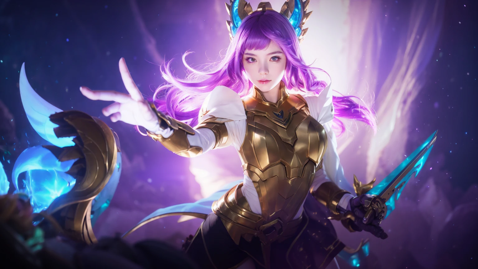 Generate to human, girl 19y.o, Generate to cosplayer odette on mobile legend, Virgo skin, purple hair, white dress, gold armor on body, generate to real picture, ultra detail, 8k resolution