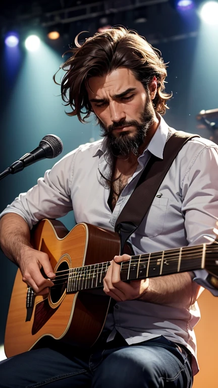 A man ( MANOLO)with a disheveled appearance and with several days of beard, The man at a concert, playing the guitar and singing with passion, but with a sad and nostalgic expression.Text: "Every note I play on stage is a desperate cry for your return."