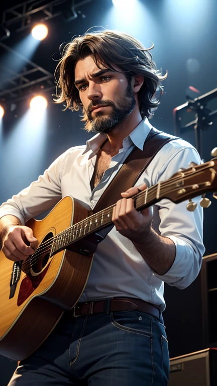 A man ( MANOLO)with a disheveled appearance and with several days of beard, The man at a concert, playing the guitar and singing with passion, but with a sad and nostalgic expression.Text: "Every note I play on stage is a desperate cry for your return."